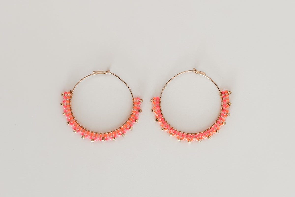 Beaded Midi Hoops. Gold-filled frames with neon orange, neon pink, gold beads. 