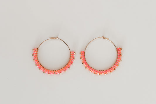 Beaded Midi Hoops. Gold-filled frames with neon orange, neon pink, gold beads. 