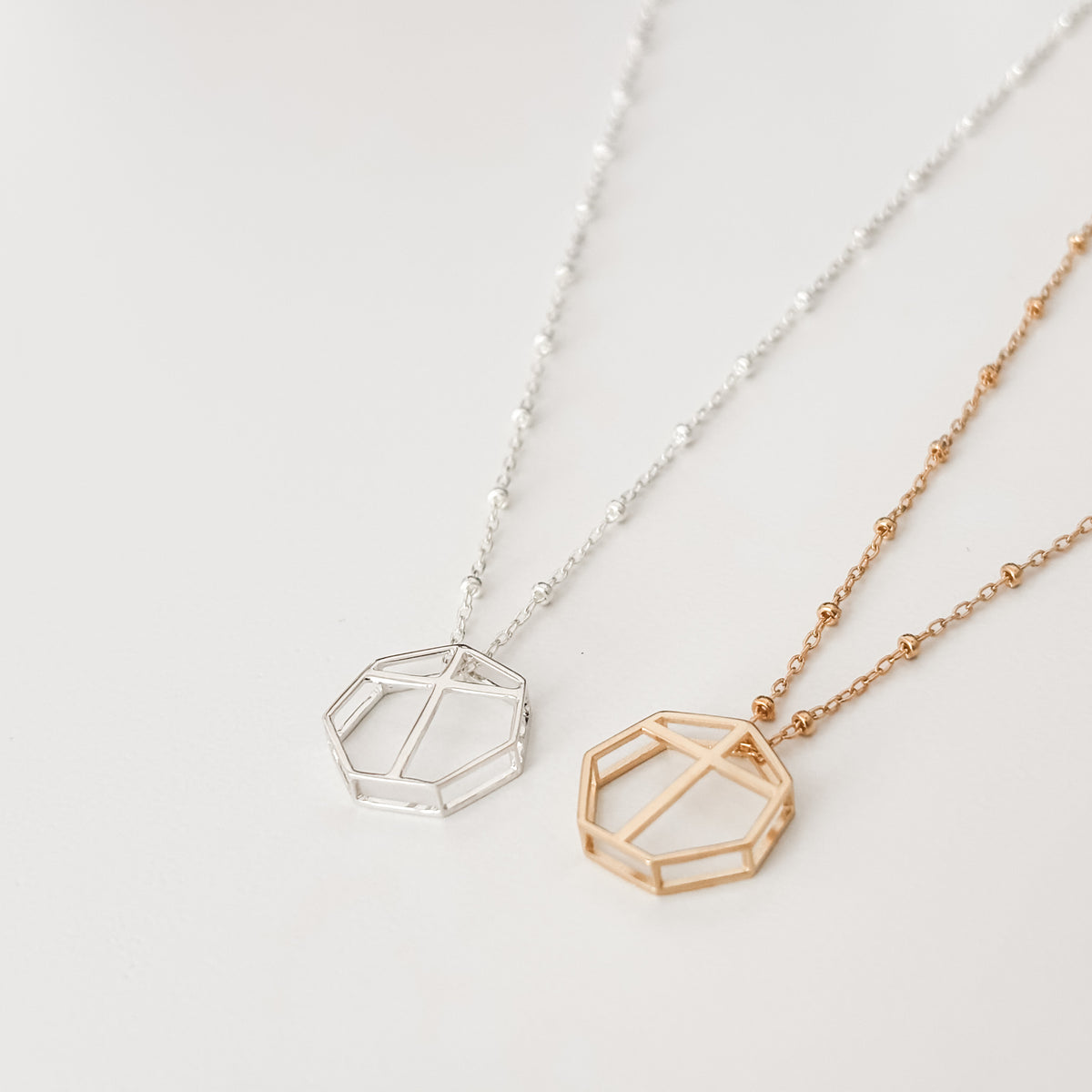 Polished silver, 14k gold plated brass 3D printed metal geometric pendant on satellite chain. 16 inches chain length. 
