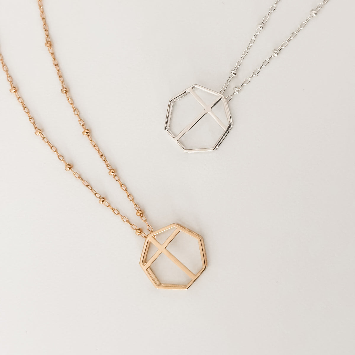 Polished silver, 14k gold plated brass 3D printed metal geometric pendant on satellite chain. 16 inches chain length. 
