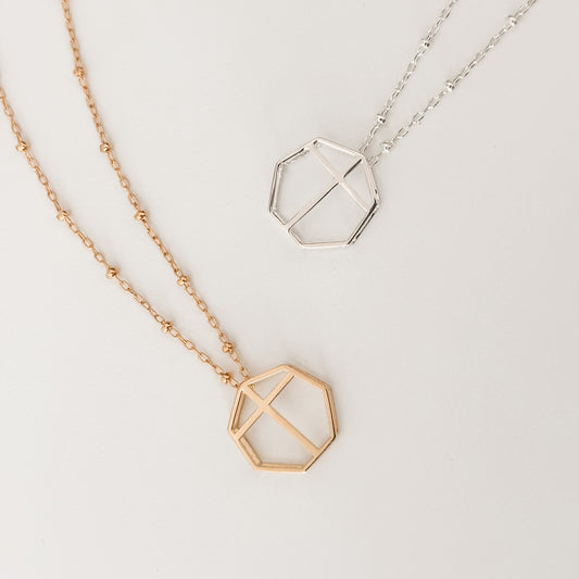 Polished silver, 14k gold plated brass 3D printed metal geometric pendant on satellite chain. 16 inches chain length. 